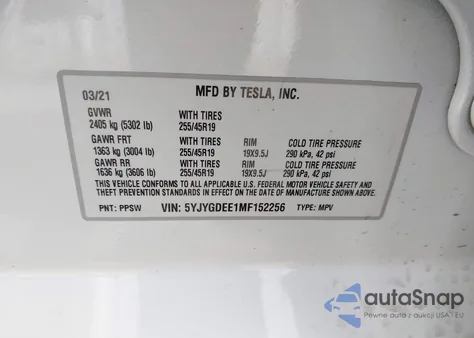 2021 Tesla Model Y Long Range Dual Motor All-Wheel Drive from USA, damaged, VIN 5YJYGDEE1MF152256